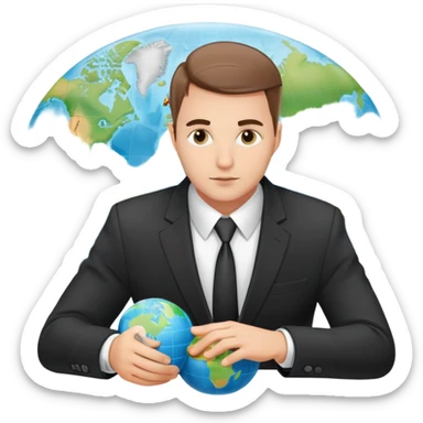 Polish man in a business suit analyzing global strategy with a world map sticker