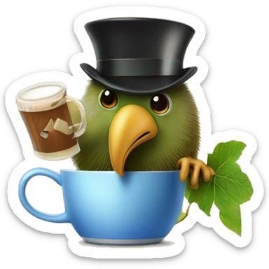 kiwi bird in top hat holds mug with mind power sticker