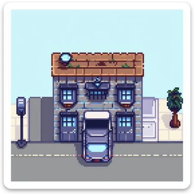detailed police station building with police car parked outside, pixel art style sticker