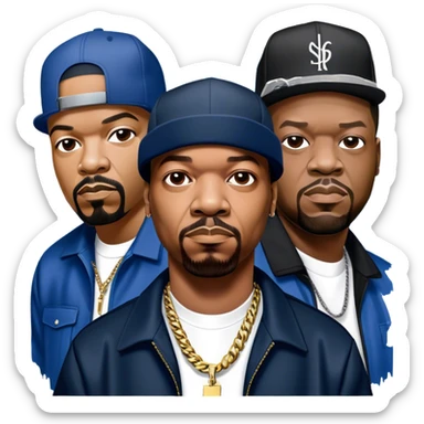 Icon for Rap Music: collage of rap legends—Snoop Dogg, Ice Cube, Dr. Dre, and 50 Cent. Iconic elements include microphones, headphones, and urban street elements like graffiti. Bold, energetic vibe with a hip-hop style. Transparent background. sticker