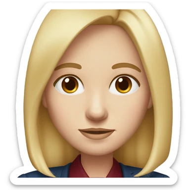 portrait of an adult girl, blue eyes, straight long bob blond hair, dark blue jacket suit, burgundy red shirt under sticker