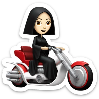 Jedi master Morticia Addams racing on an antigrav red imperial patrol space speeder  sticker