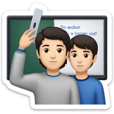 create a sticker depicting luca (tall, dark short hair, teenage boy) dropping a smart board on cosmin’s (20 year old tall, dark long-haired white male) head sticker