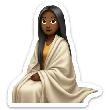 A young women with long straight hair wearing blanket around her and sitting on sofa sticker