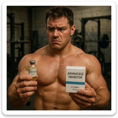 realistic young bodybuilder in gym holding a vial of testosterone and a box of aromatase inhibitor, doubtful expression, swollen muscles but red skin, messy gym background, 4K quality sticker