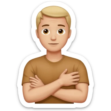 man crossing his arms holding his neck sticker