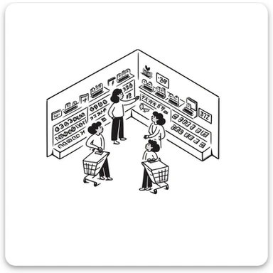 Isometric view of a supermarket interior with grocery aisles, shoppers, and cash registers sticker