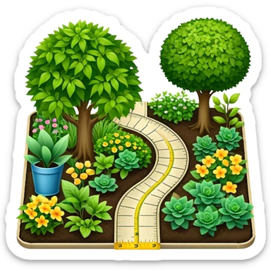 Icon for Landscape Design: a garden layout with plants, trees, paths, and design tools like a ruler, pencil and measuring tape. The icon should represent creativity in outdoor space planning and gardening. Transparent background. sticker