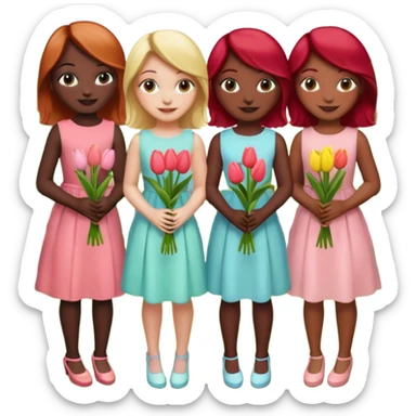 girls at a garden party wearing pastel dresses and holding tulips, one is black, one is blond, one has brown hair, one has red hair sticker