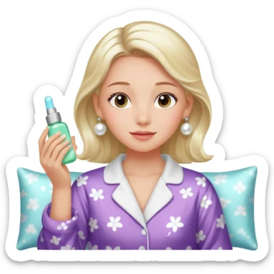 Clean girl aesthetic emoticons, apply skincare products, pearl earrings, glowing skin, pajamas, soft lighting sticker
