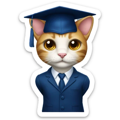 A student cat in a dark blue suit and a square academic dark blue cap sticker