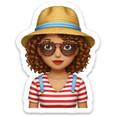 curly hair woman with striped clothing sun glasses and straw hat sticker