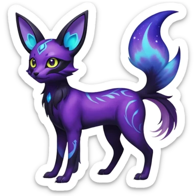 Rare realistic purple indigo violet nebulae shiny sparkly dark-neon glowing bioluminescent edgy badass epic pretty beautiful handsome gorgeous aesthetic colorful vibrant Vernid-Trico-Umbreon-Espeon-species-Fakemon-creature by LiLaiRa, 4 legs, 1 tail, random markings, (full body) sticker