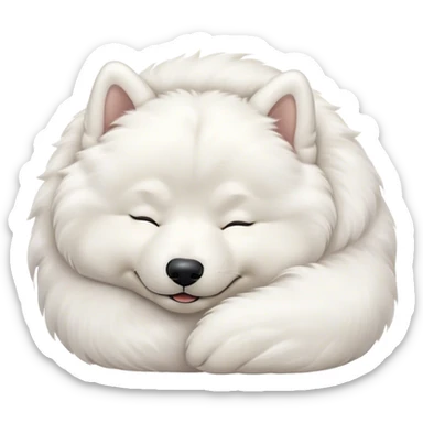 Meme-Worthy Cute Sleeping Samoyed Portrait Emoji, Head resting peacefully with a contented smile, showcasing a delightfully fluffy build and a luxuriously soft pure white Fur, eyes shut in a serene nap, Simplified yet hilariously adorable features, highly detailed, glowing with a soft, drowsy light, high shine, relaxed and utterly lovable, stylized with an air of playful laziness, bright and heartwarming, soft glowing outline, capturing the essence of a comically sleepy companion, so meme-worthy it feels like it could instantly become the next viral sensation of adorable slumber! sticker