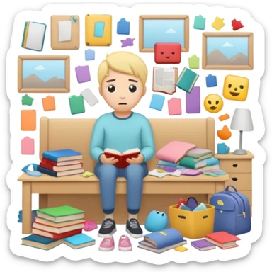 messy room with scattered objects, clothes and books everywhere, simplified human character looking slightly overwhelmed but safe, everyday chaos, flat custom emoji sticker, pastel colors, rounded shapes, minimal details, thick outline, white background, no text sticker