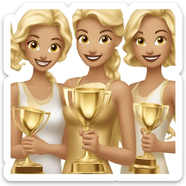 Six beautiful and elegant blonde and Latina models celebrating with 1 huge gold trophy sticker