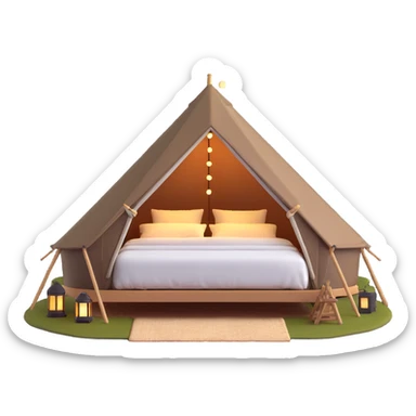 glamping luxury tent with string lights and comfortable bed sticker