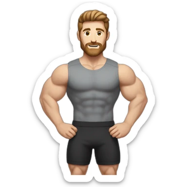 Close up Actively gesturing  with hands Pale skinned Fit Man With the biceps and brown hair in dark gray Sleeveless Mike, black oversize sports shorts, watch and white Sneakers sticker
