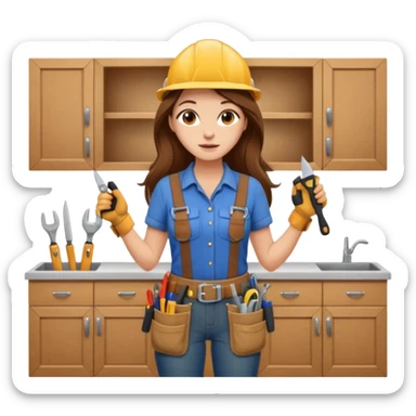 beautiful girl with long brown hair constructing new kitchen cabinets sticker