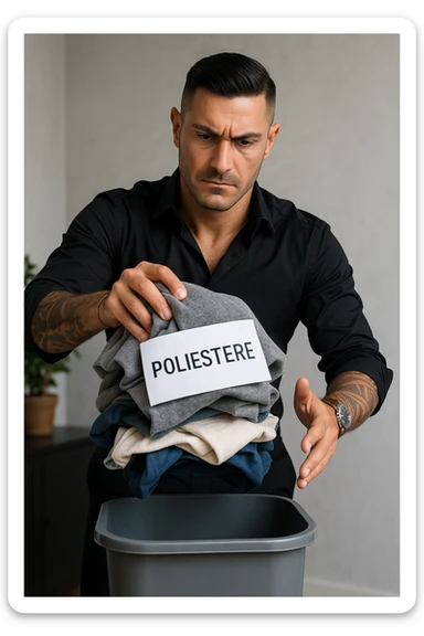Create a realistic vertical image of a man (like in the reference photo) holding a pile of clothes with "poliestere" labels and throwing them into a container. The man has a determined expression, professional atmosphere, natural details, and aspect ratio 2:3. sticker