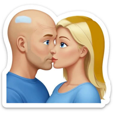 middle aged bald man with salt and blonde scruff, blue eyes and blonde woman with blue eyes kissing each other sticker