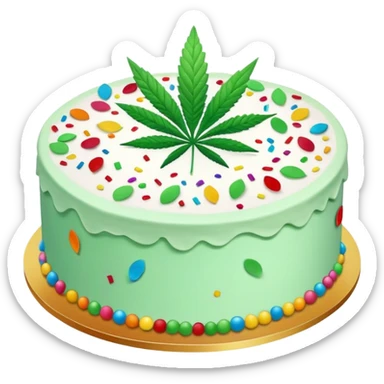 Colorful confetti cake with mint leaves and a cannabis leaf decoration on top sticker