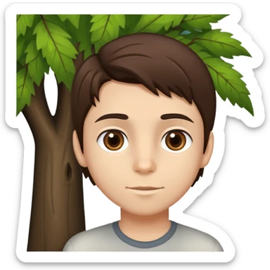 boy with straight brunette hair brown eyes and tree behind sticker
