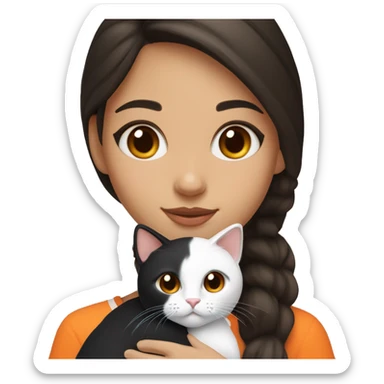 Brunette girl with brown eyes, holding a tricolor  black white and orange cat. Cat hairs are black in one side of its face and orange in the other side. sticker