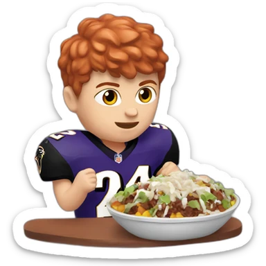 a red-haired boy wearing a ravens jersey and eating a chipotle burrito bowl sticker