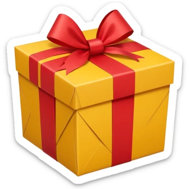 box with yellow wrapping paper and a length of red ribbon surrounding it on the ground so you can see most of the box sticker