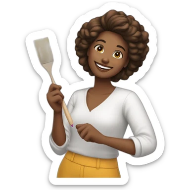 Mujer feliz pintando con un pincel en su mano derecha  sticker