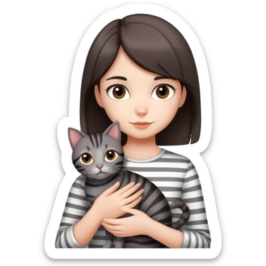 Cute girl with short dark brown hair holding striped grey cat  sticker