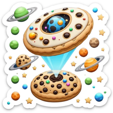 Outside view of a half-spaceship cookie factory floating in orbit, metallic hull with cookie insignia, stars and planets in the background, emoji-style sticker