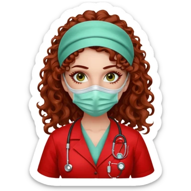 Sensual Spanish Lilith core evil surgeon.red outfit.  Surgeon has hazel-green eyes. Her hair is BROWN. Hair is also  long and  curly. wearing a sexy surgeon outfit with platform  heels.she is a calculated killer. She covers only her mouth and nose with mask to hide identity carries  sticker