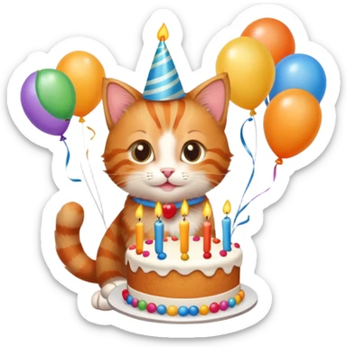 Ginger tabby kitten celebrates birthday, birthday hat, birthday cake, one candle, balloons, happy, gifts sticker