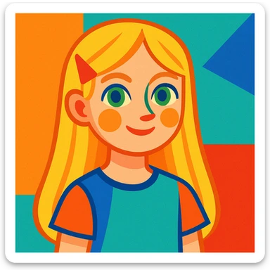 blonde girl, long straight hair, green eyes, colorful illustration style sticker