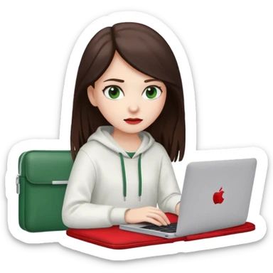 Long dark brown haired, white skinned, dark green eyed girl in white clothes girl sitting in macbook with a red case and watching to macbook sticker