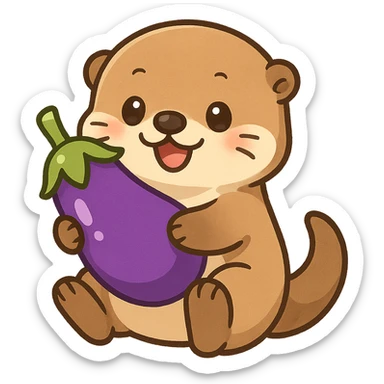 cute and playful sea otter holding an eggplant, chibi stickers style, cartoonish, adorable, vibrant colors sticker