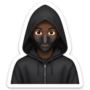 man with black hooded jacket and a full-black full-face geometric mask sticker