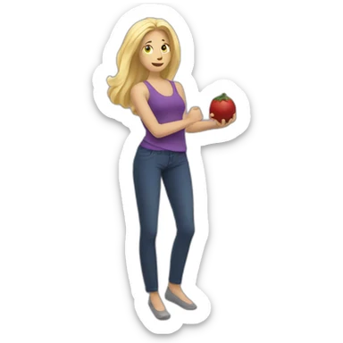 blonde woman holding a brinjal in her one hand and the other hand on his pant sticker
