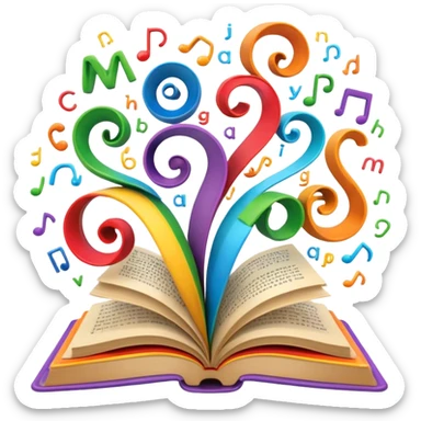 Open book with playful letters swirling out, symbolizing creative wordplay sticker