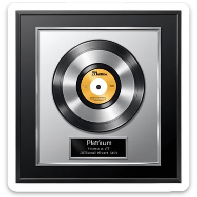 A platinum music award plaque: a square, polished platinum plate with a subtly textured, mirror-like finish, mounted on a simple dark metal base. The center features a relief of a or stylized vinyl record in a slightly darker metallic tone.  sticker