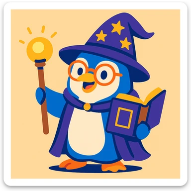 a stylized penguin wizard with glasses, a spellbook, and a glowing staff, in a playful illustration style sticker