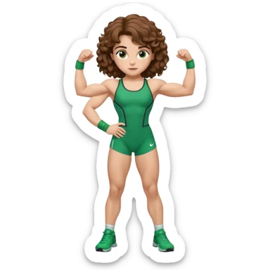 flexing muscles, big biceps, muscled torso, very beautiful italian girl, looking like Emma Watson, with curly and big volume very bright brown hair, dressed in a beautiful green sports costume, full body sticker