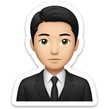 Asian man, black hair, dark eyes, wearing a designer black suit sticker
