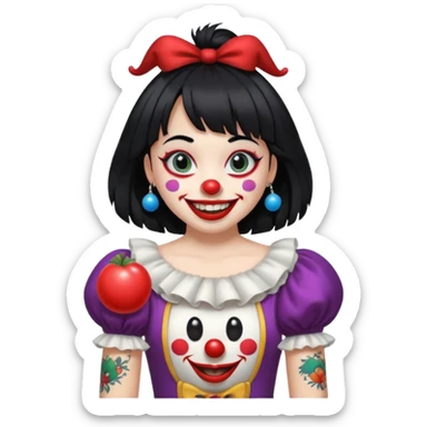 anjinha with bangs and black hair, snow white skin, black tattoo of a laughing clown on the arm, emoji style sticker