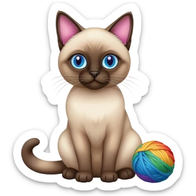 Siamese cat sitting full body with rainbow eyes playing with a wool ball sticker