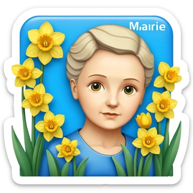 Blue sign that says ‘Marie Curie’ with daffodils on it  sticker