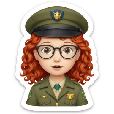 scout girl baby with uniform including the hat,  little with glassess and long curly red hair sticker