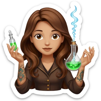 alchemist woman long wavy brown hair tattoos flipping glowing vial sticker